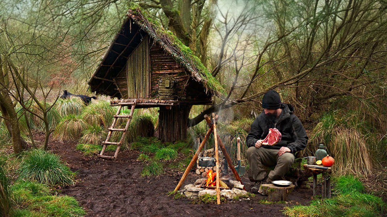 Building wood survival shelter in wildlands | Bushcraft & Campfire grilled meat img
